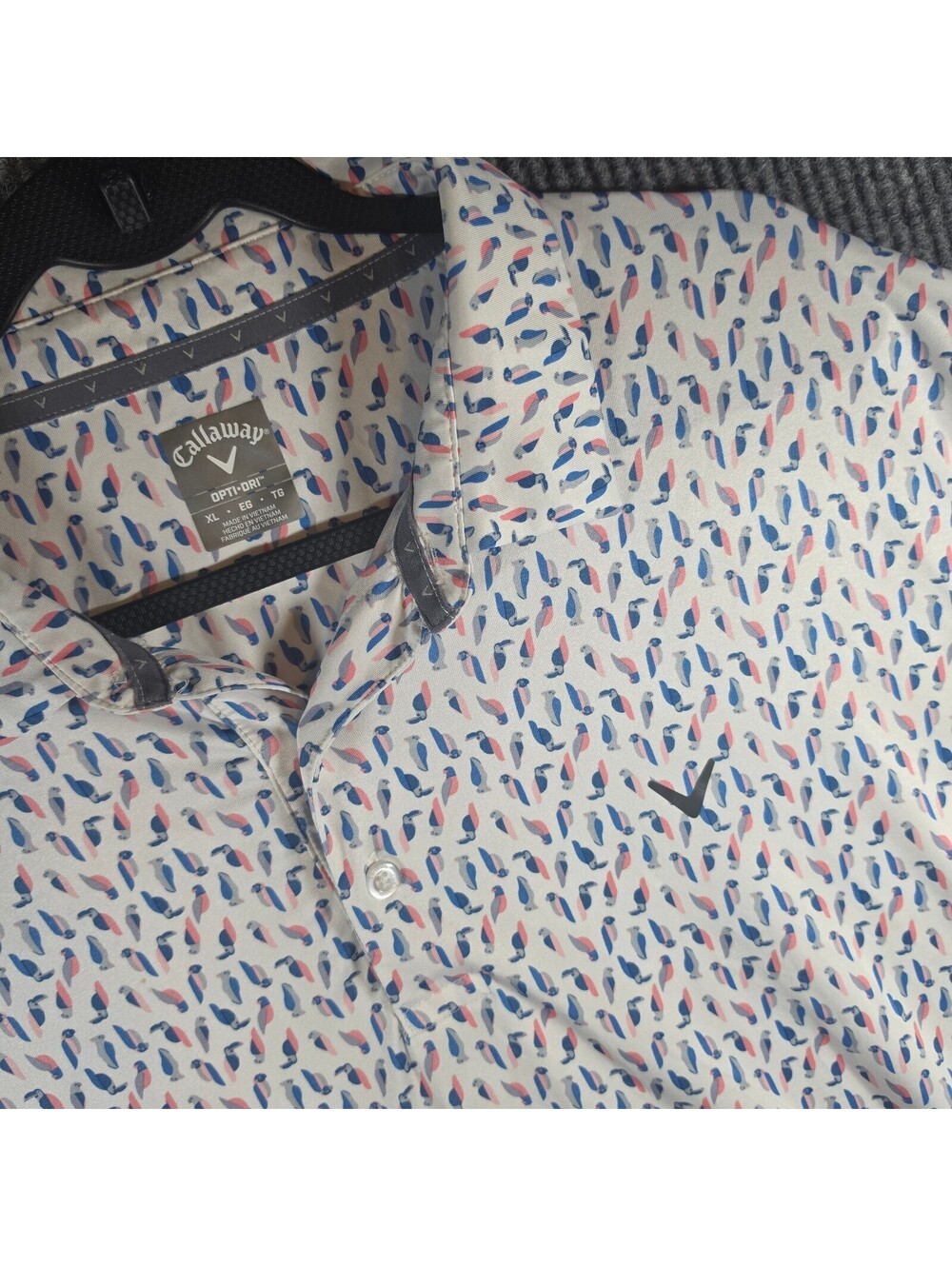 Callaway Opti-Dri Mens XL Golf Polo Bird Print Performance Shirt White Blue Pink